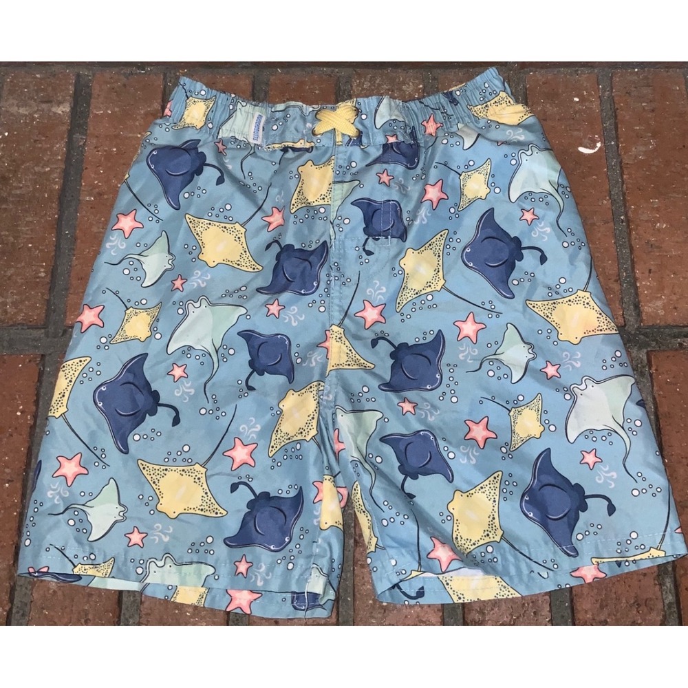 RuggedButts Boys Stingray Starfish Swim Trunks Blue Mesh Lined Shorts Size 7